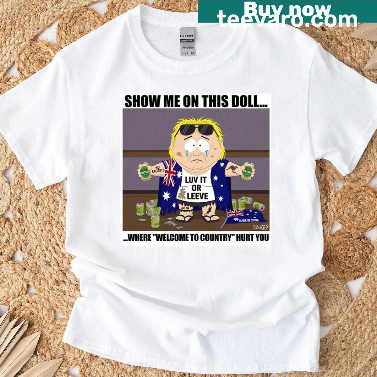 South Park style graphic tee with a doll and witty text — on a men's t-shirt