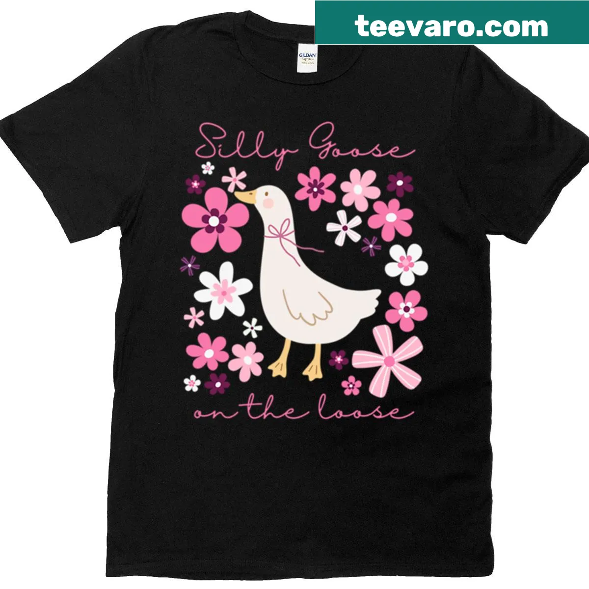 Playful floral design with 'Silly Goose' text on a t-shirt — on a men's t-shirt
