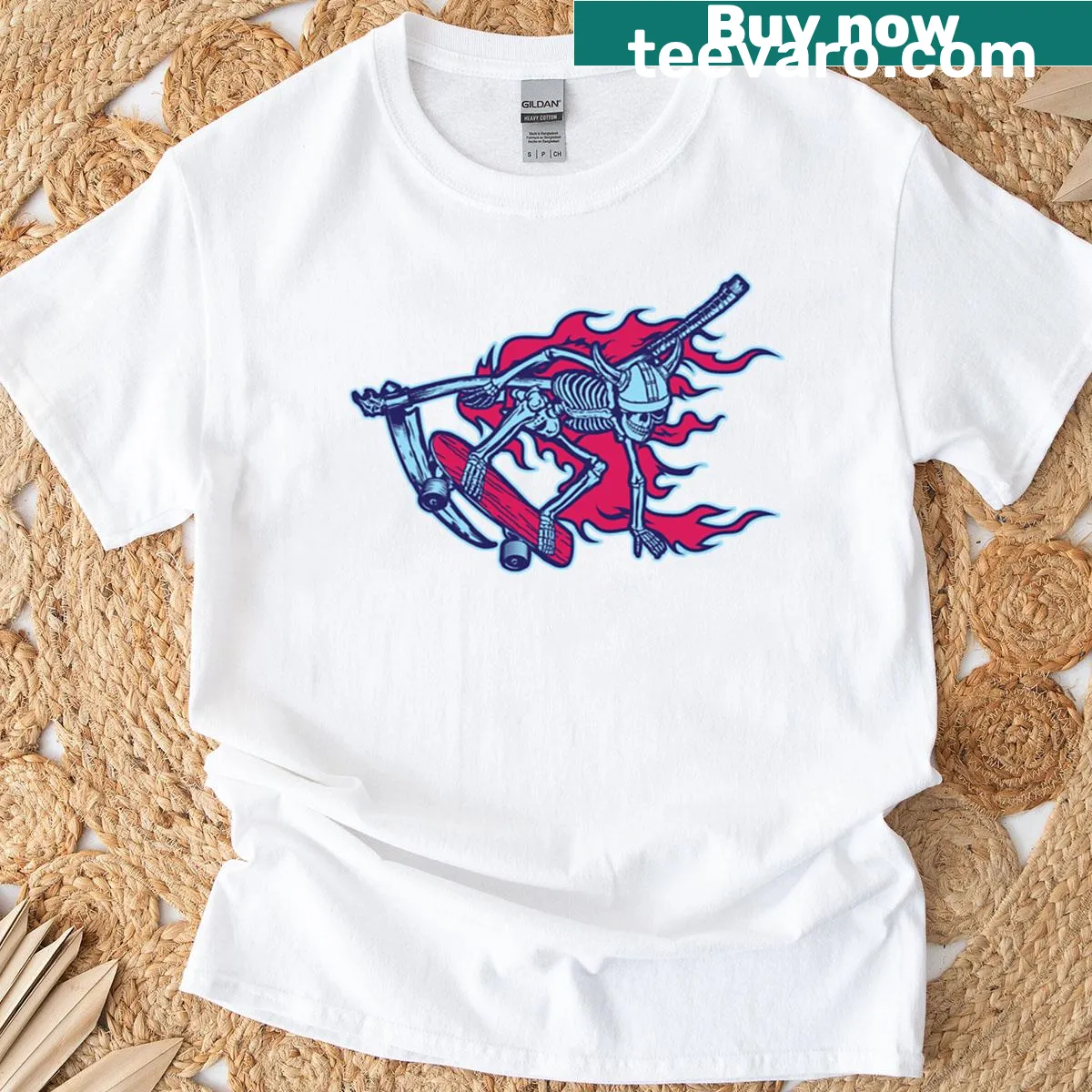 Cartoonish T-shirt depicting a skater Viking reaper — on a men's t-shirt