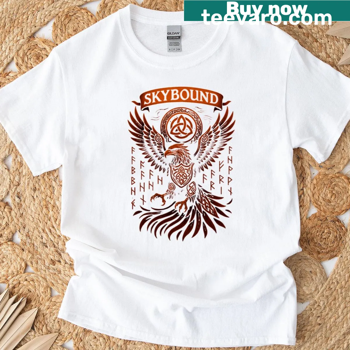 Celtic eagle totem illustrated on a dark t-shirt — on a men's t-shirt