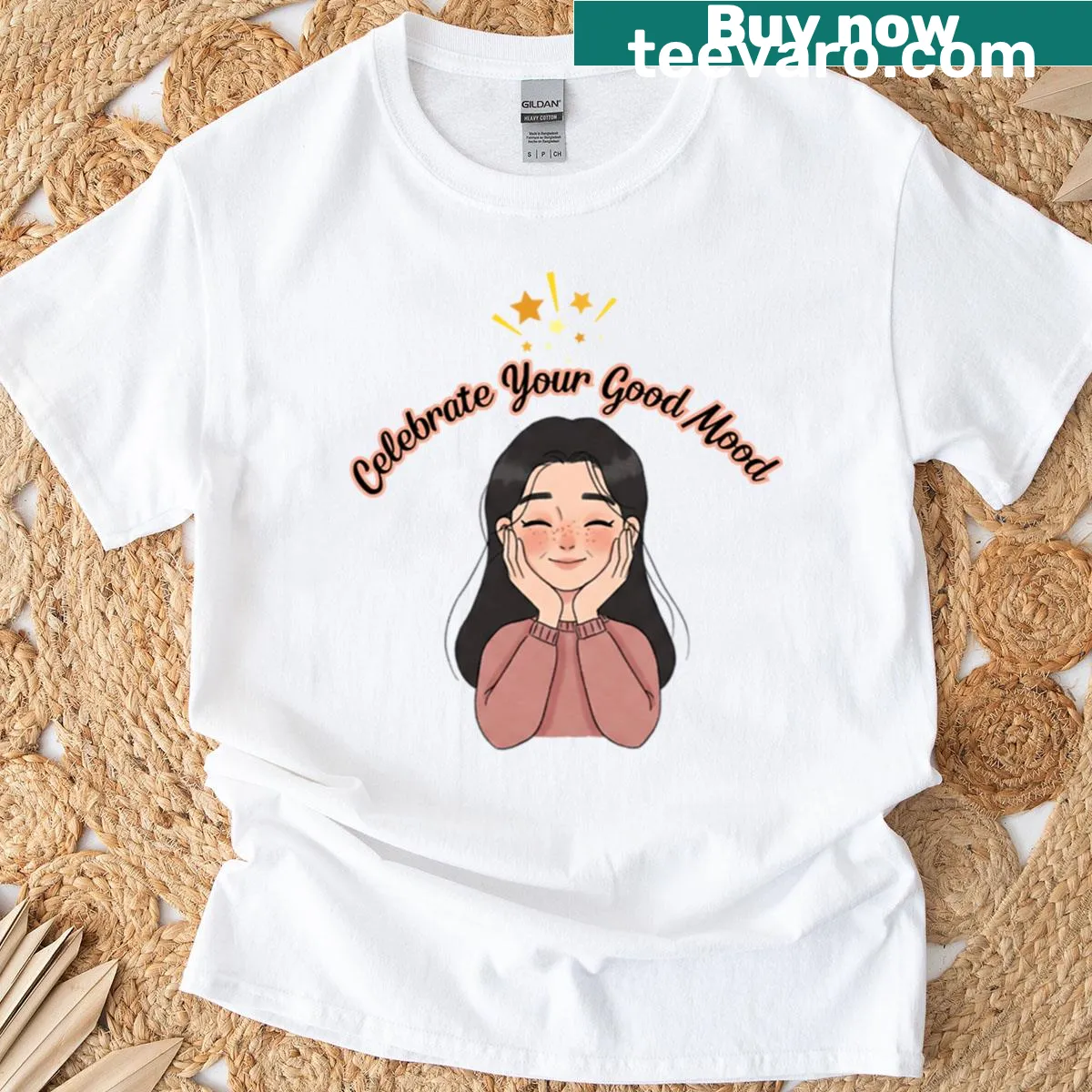 Illustration of a smiling girl with a positive quote on a t-shirt — on a men's t-shirt