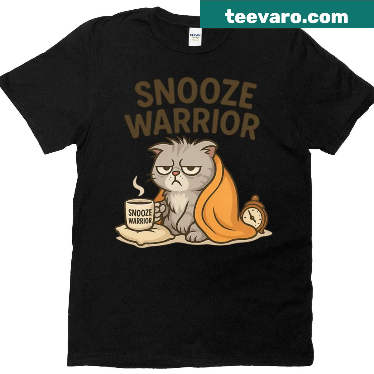 T-shirt featuring a grumpy cat with a coffee cup in a humorous design — on a men's t-shirt