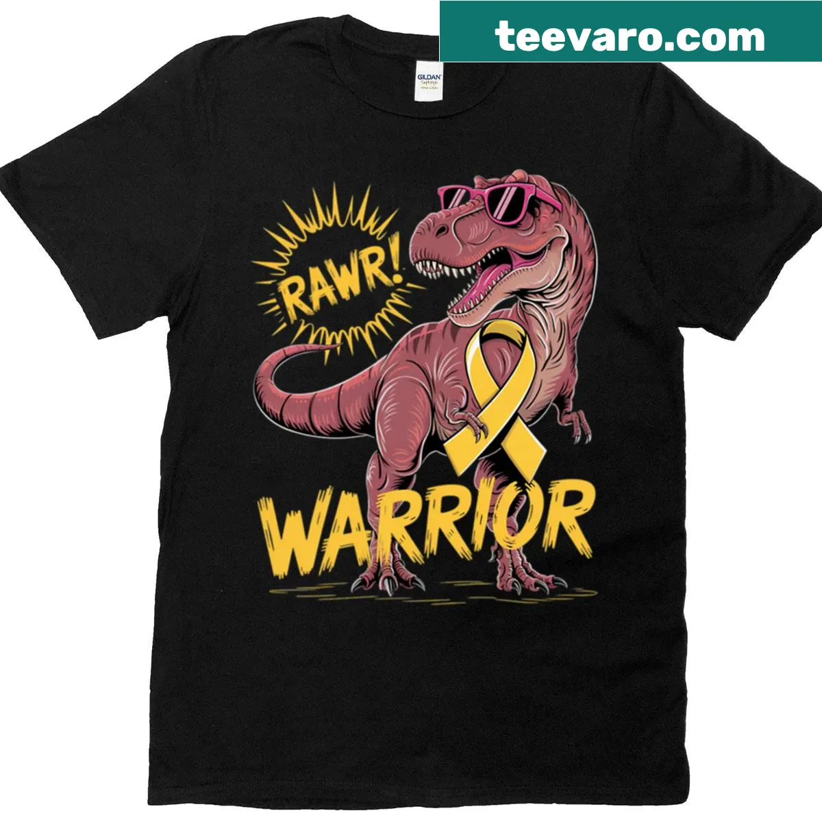 T-shirt featuring a T-Rex and yellow ribbon for Spina Bifida awareness — on a men's t-shirt