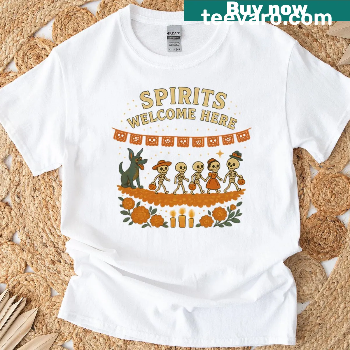 T-shirt honoring Día de Muertos with welcoming spirits text — on a men's t-shirt