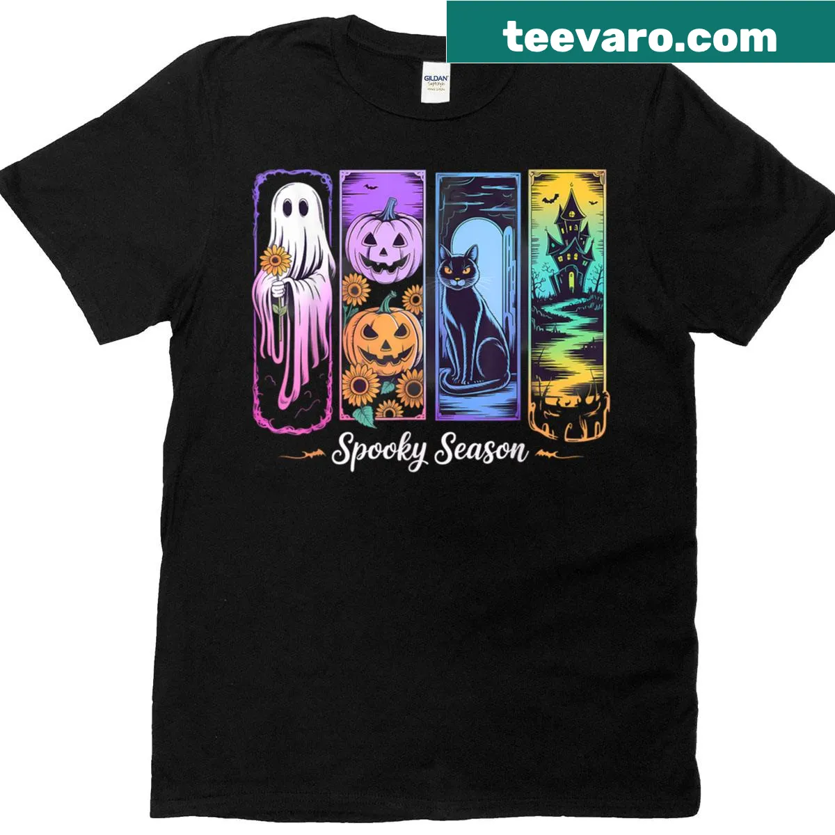 Whimsical ghost cat and pumpkin graphic T-shirt for Halloween — on a men's t-shirt