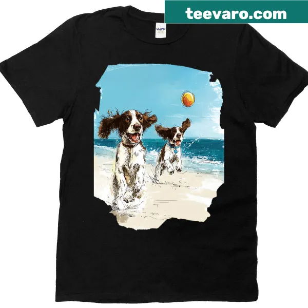 Illustration of Springer Spaniels playing fetch on the beach