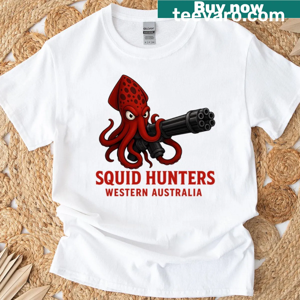 Illustrative T-shirt featuring a whimsical Kraken design — on a men's t-shirt