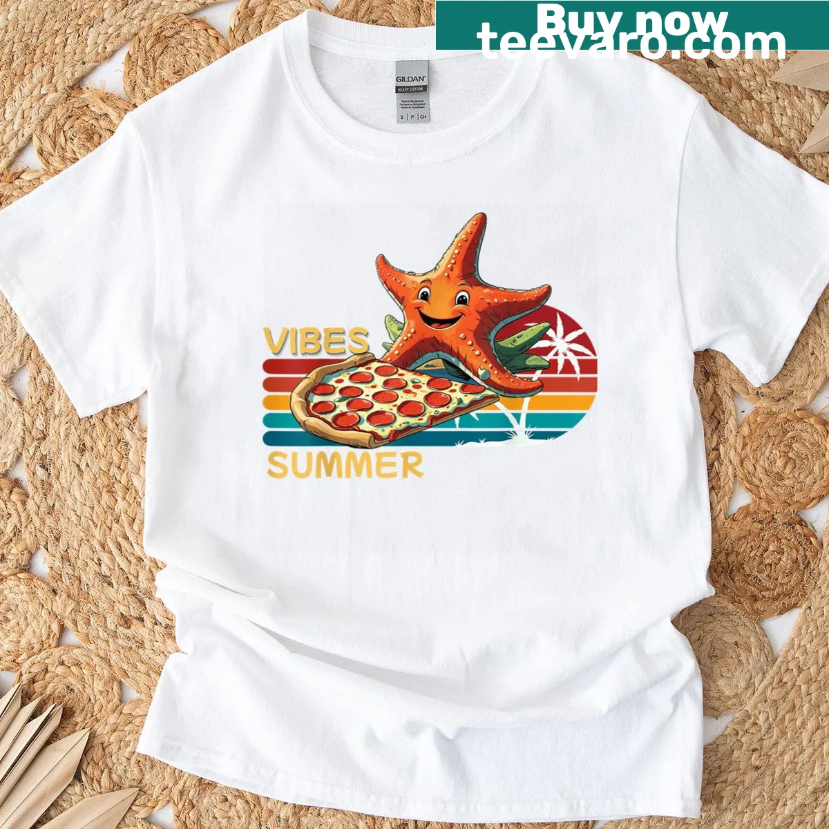 Whimsical starfish and pizza graphic on summer-themed T-shirt — on a men's t-shirt