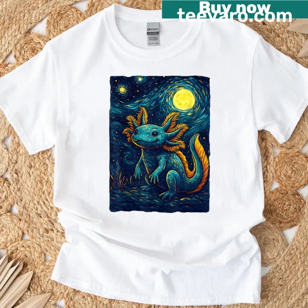 Cute axolotl t-shirt inspired by Van Gogh's Starry Night