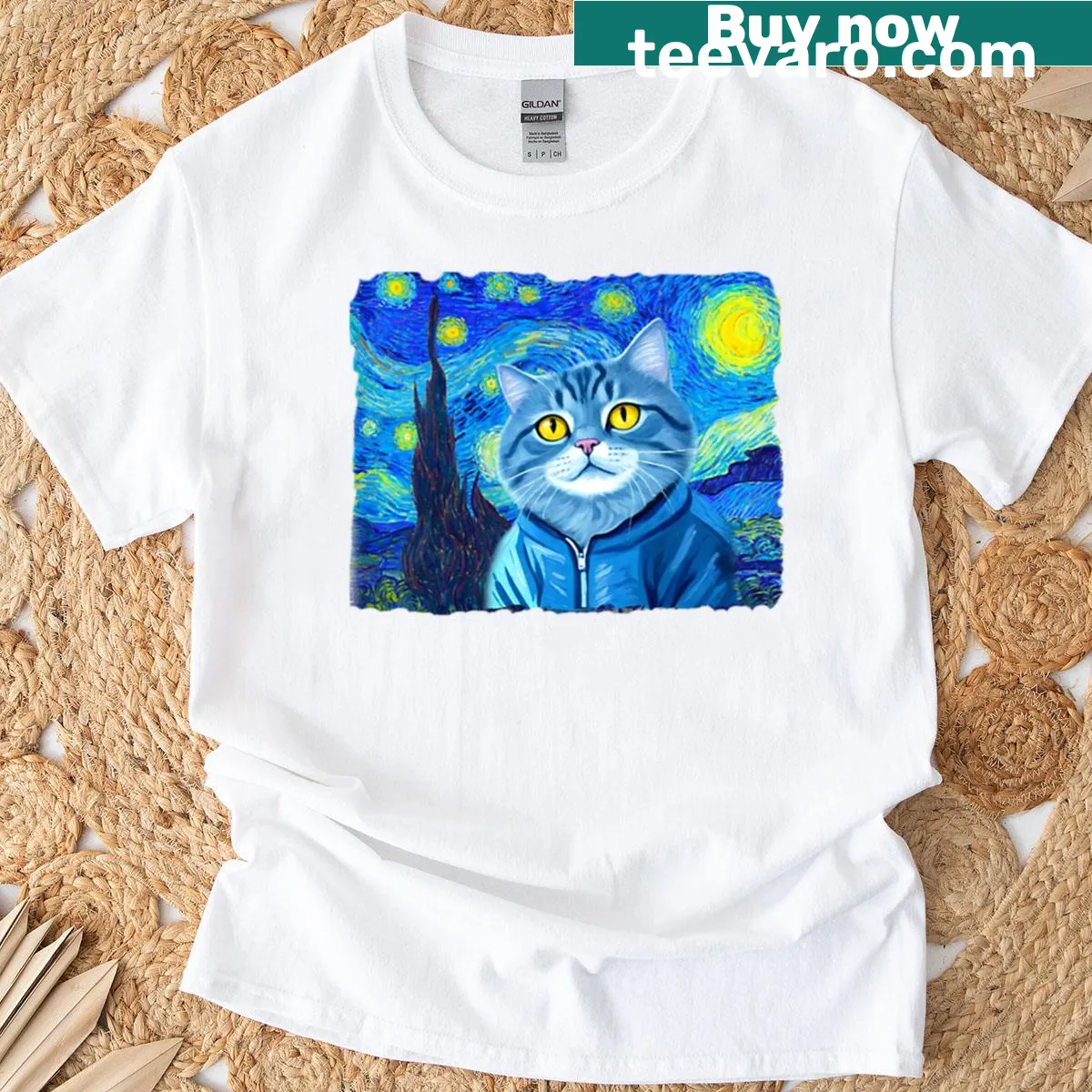 Whimsical T-shirt featuring a cat inspired by Van Gogh's Starry Night — on a men's t-shirt