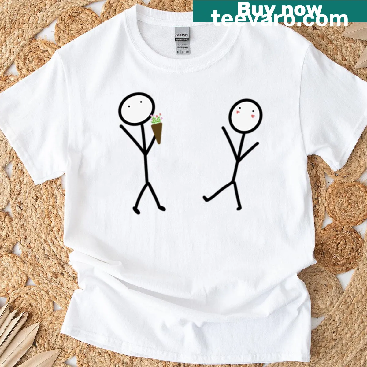 Stick figure holding a whimsical bouquet of flowers in a playful design — on a men's t-shirt