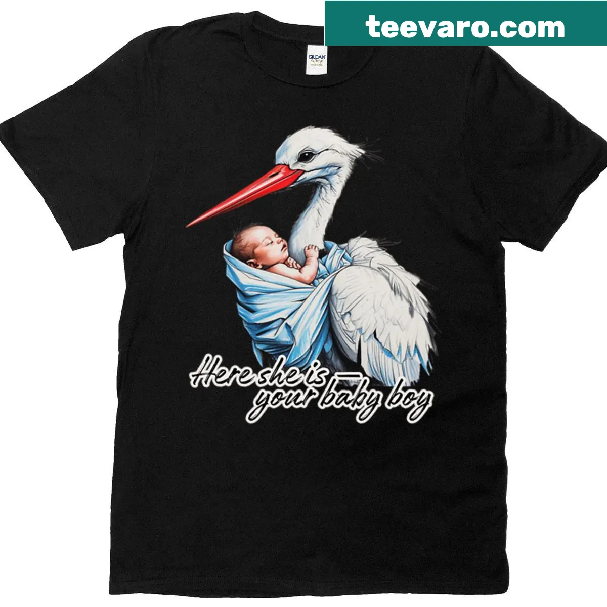 Cute stork carrying baby on family quote T-shirt — on a men's t-shirt