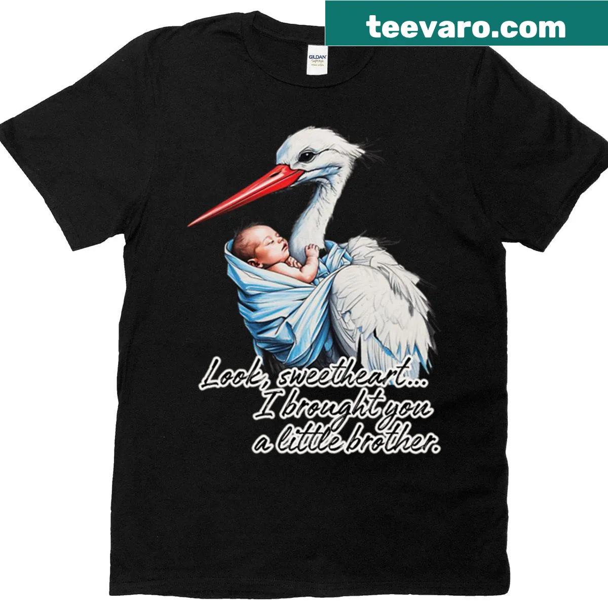 Cute t-shirt featuring a stork carrying a baby brother with a family quote — on a men's t-shirt