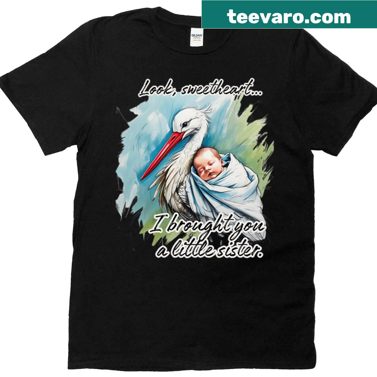 Cute stork carrying a baby with text about a little sister — on a men's t-shirt