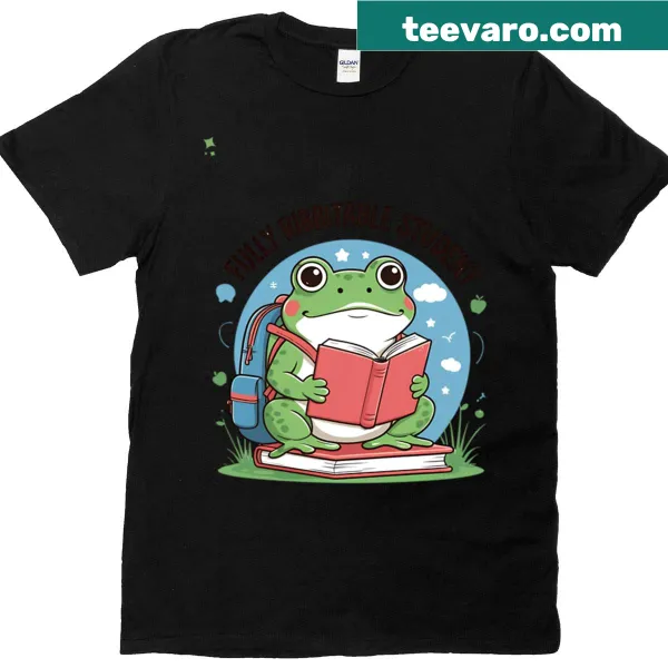 Playful frog graphic with study theme on T-shirt