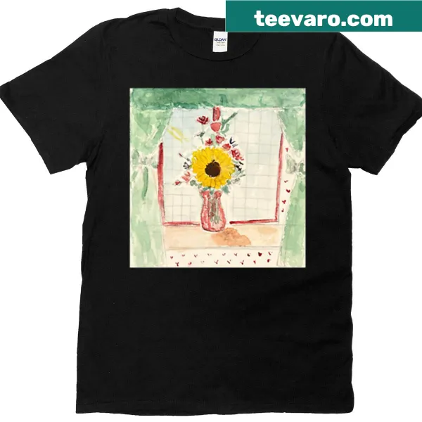 Illustrated sunflower in a vase on T-shirt