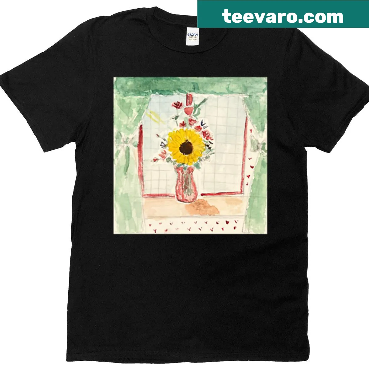 Illustrated sunflower in a vase on T-shirt — on a men's t-shirt