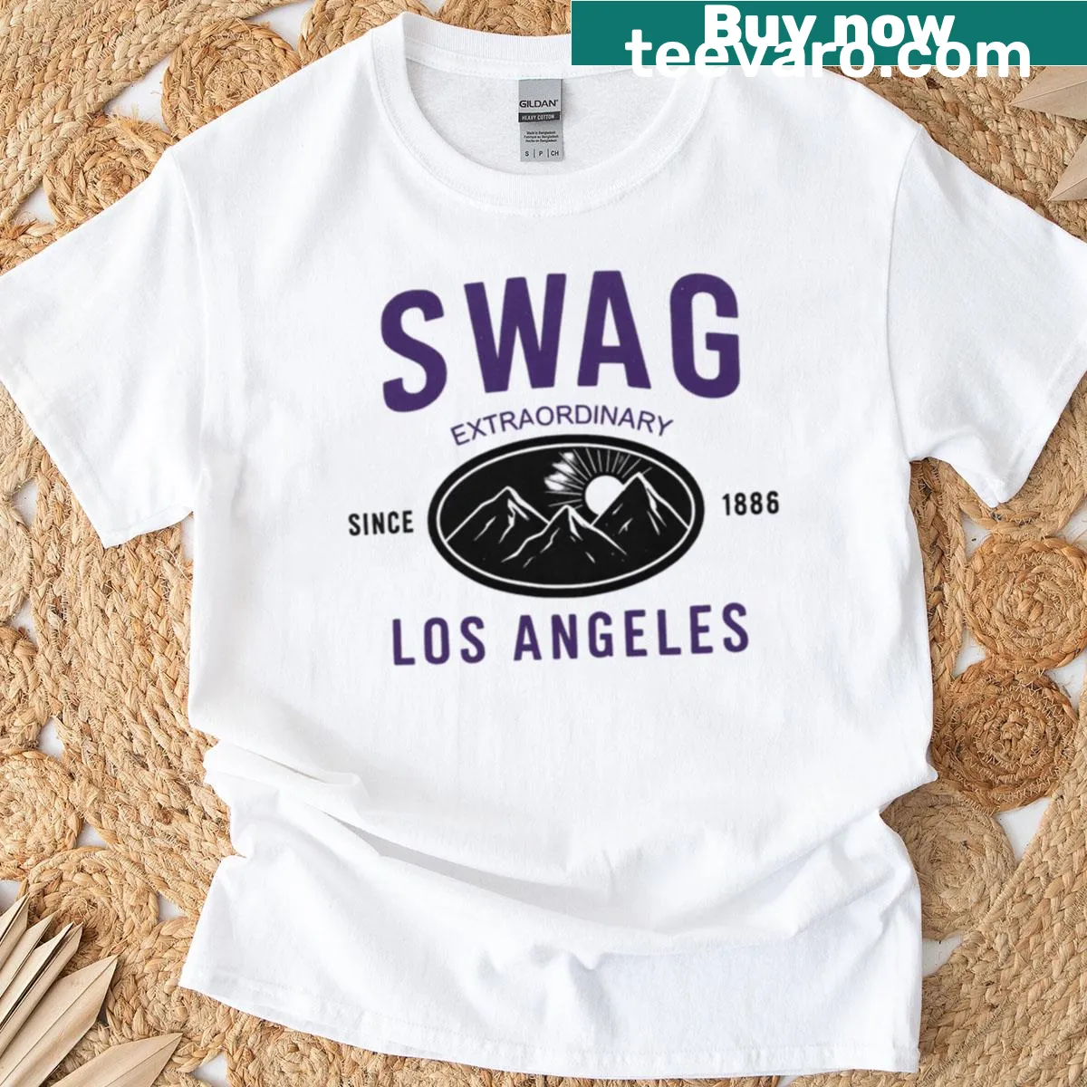 Purple California swag t-shirt with engaging typography design — on a men's t-shirt
