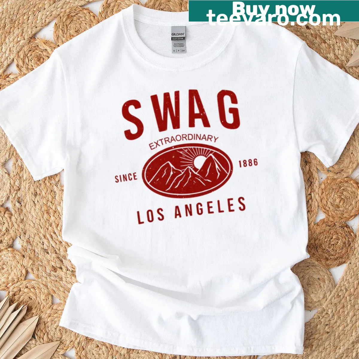 Typographic design of 'Swag California' on a T-shirt. — on a men's t-shirt