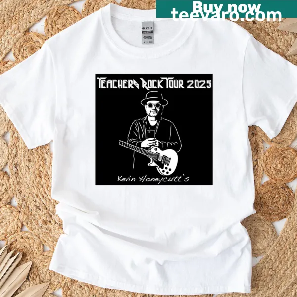 Illustrative Teachers Rock T-shirt with a guitar and musical notes