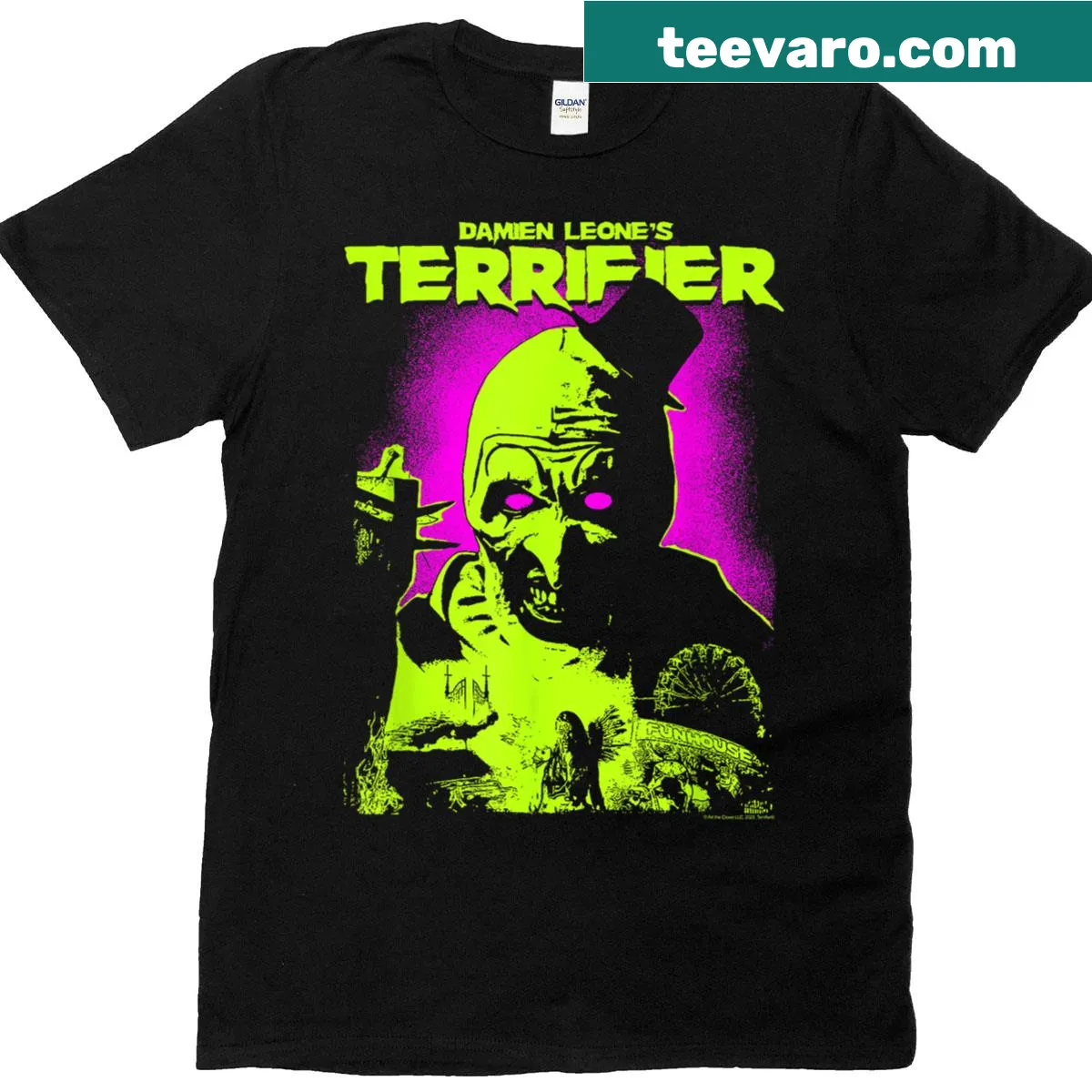 Terrifier horror T-shirt with glowing eyes graphic — on a men's t-shirt