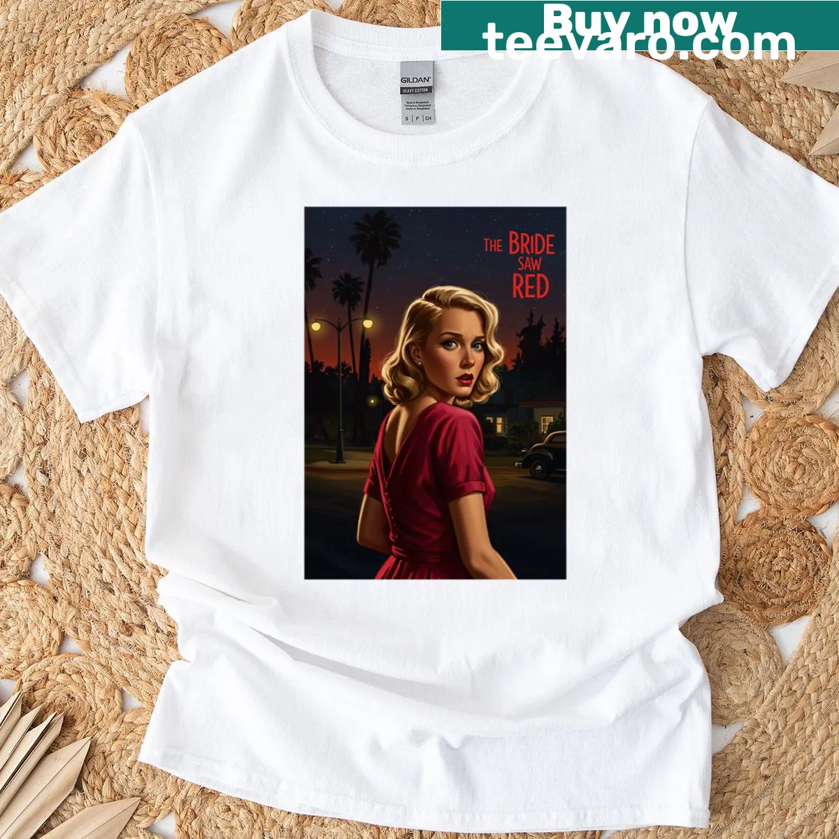 Chilling illustration on The Bride Saw Red t-shirt — on a men's t-shirt