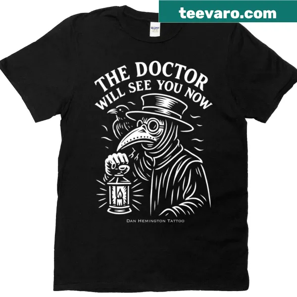 Whimsical plague doctor graphic T-shirt with humorous design