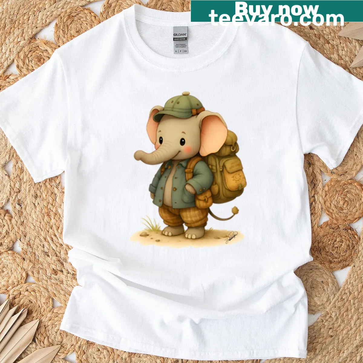 Whimsical elephant explorer illustration T-shirt for adventure lovers — on a men's t-shirt