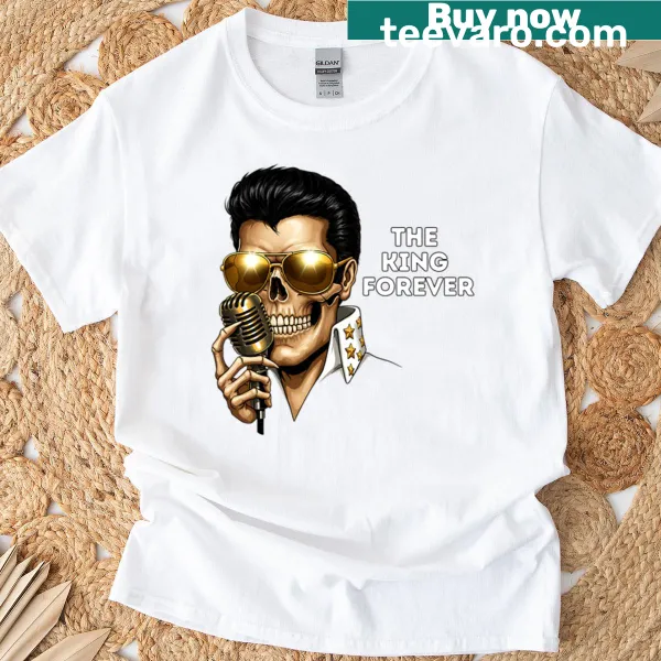 Skull graphic featuring Elvis Presley motifs on a t-shirt