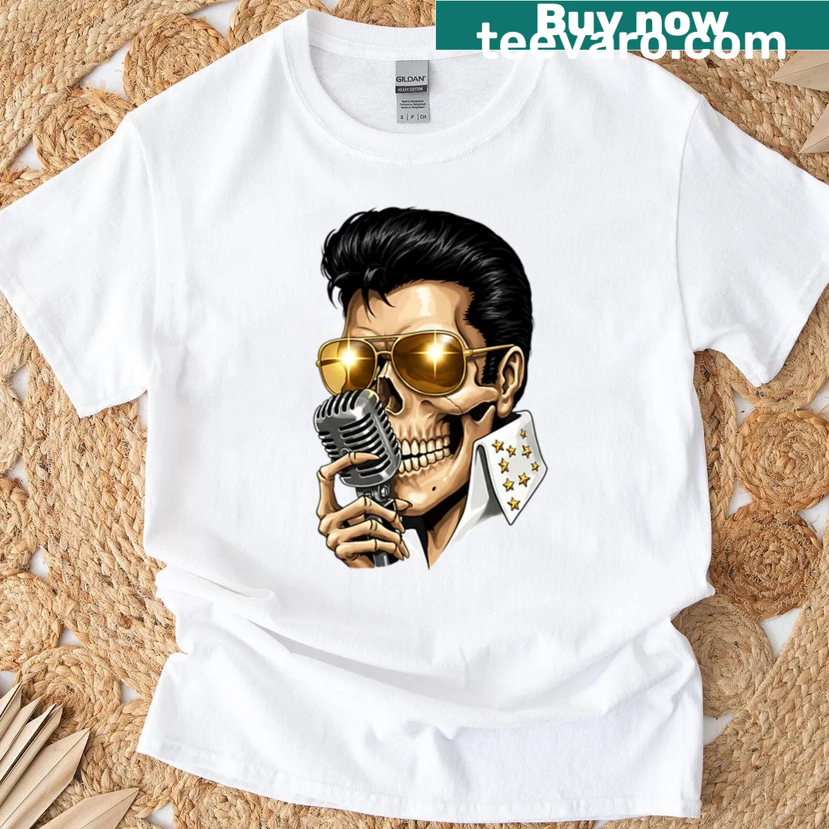 Graphic t-shirt honoring Elvis Presley with iconic imagery — on a men's t-shirt