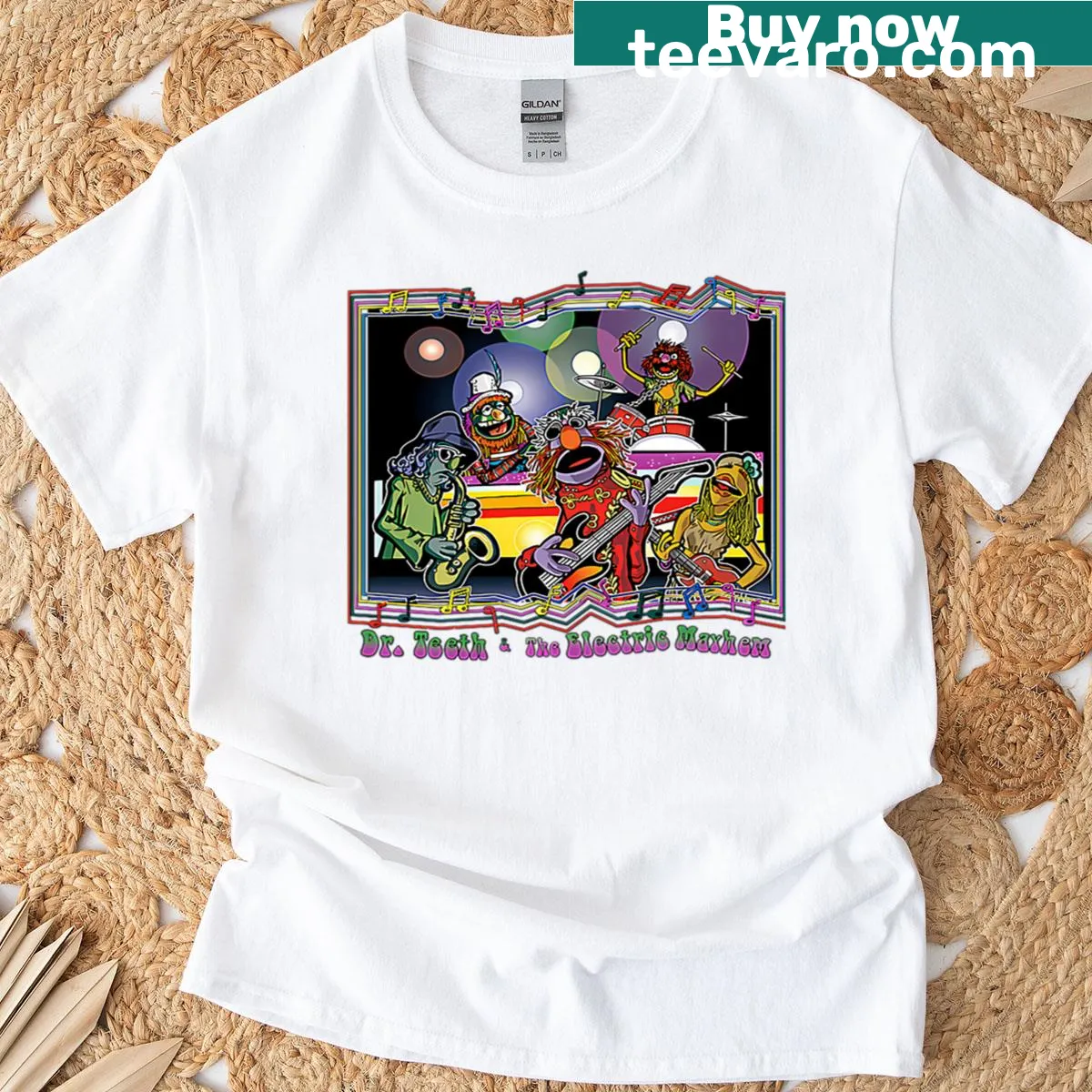 Cartoon T-shirt featuring Muppet characters as a rock band — on a men's t-shirt