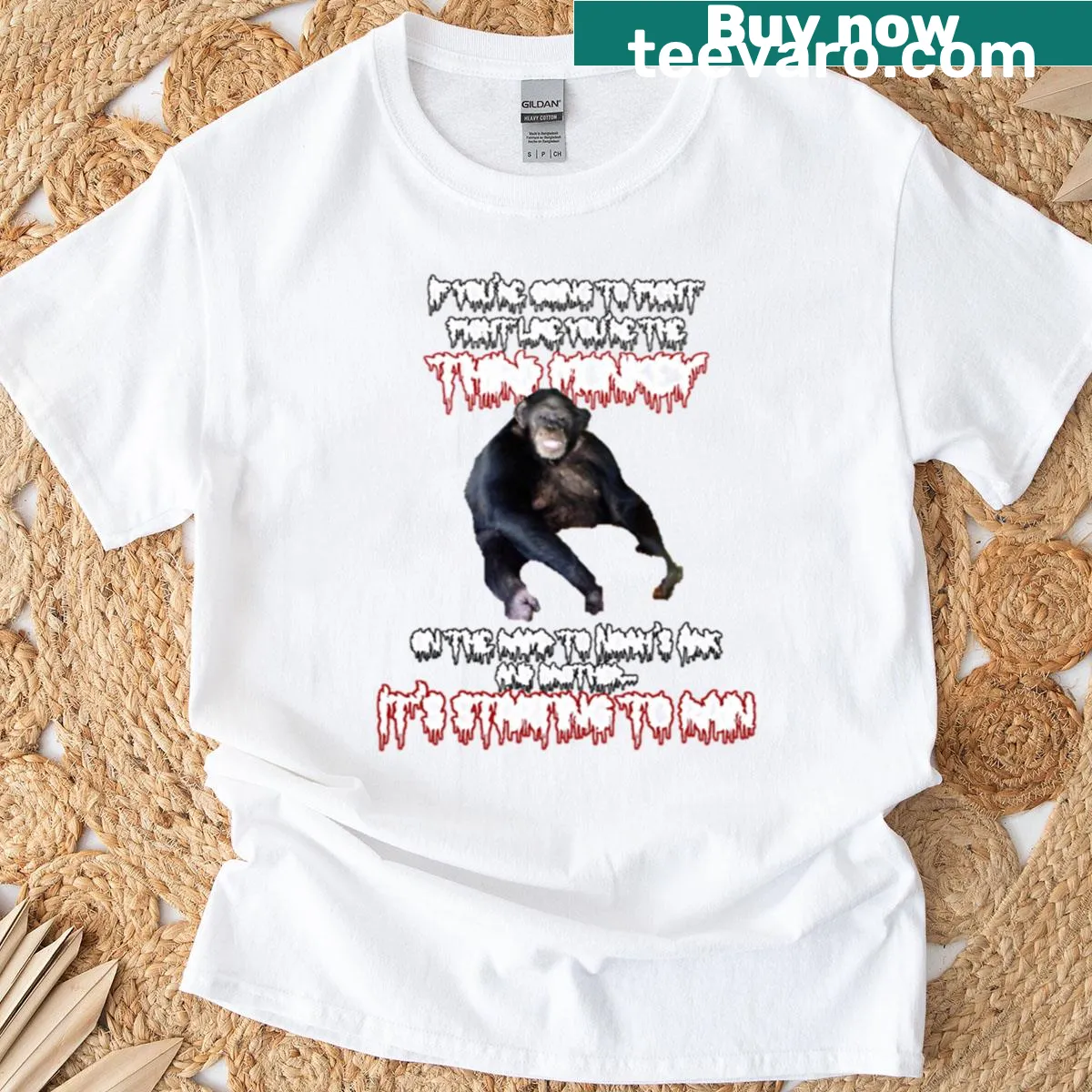Playful monkey illustration with 'New and Improved' text on T-shirt — on a men's t-shirt