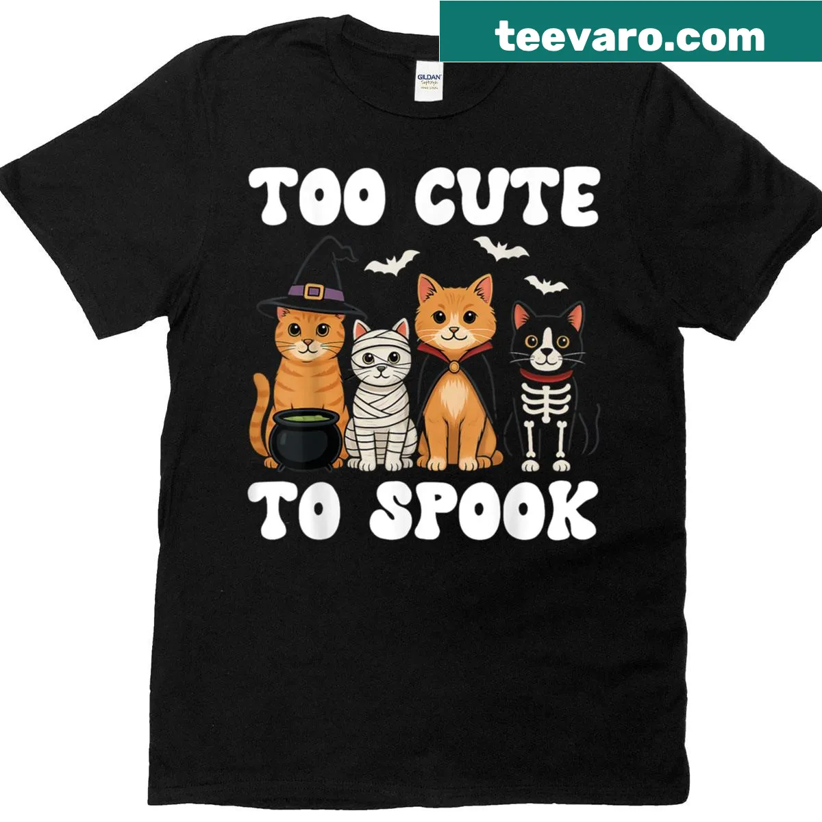 Halloween T-shirt featuring a cartoon cat and 'Too Cute To Spook' phrase — on a men's t-shirt