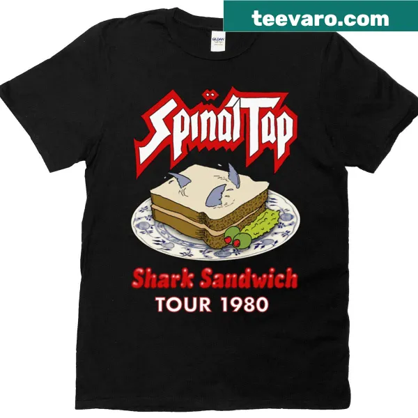 Vintage-style T-shirt celebrating Spinal Tap's Shark Sandwich Tour with a humorous design.