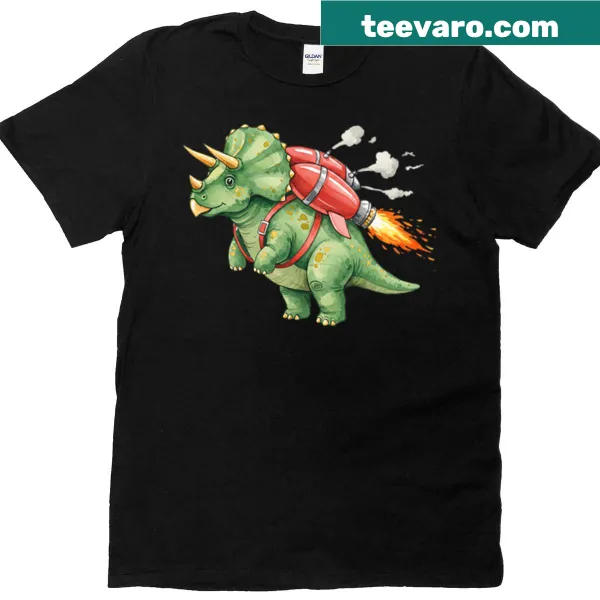 Triceratops with rocket jetpack on a fun t-shirt