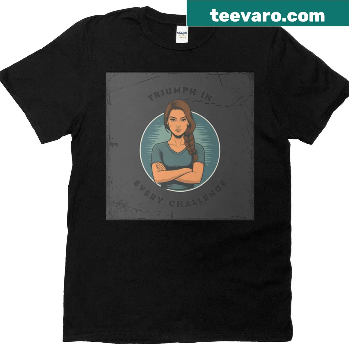 Motivational T-shirt with typography that says triumph in every challenge — on a men's t-shirt