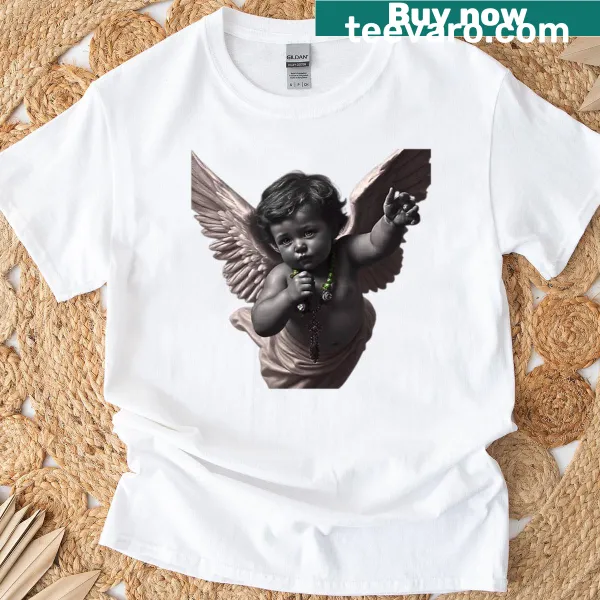 T-shirt featuring an urban angel statue design with attitude