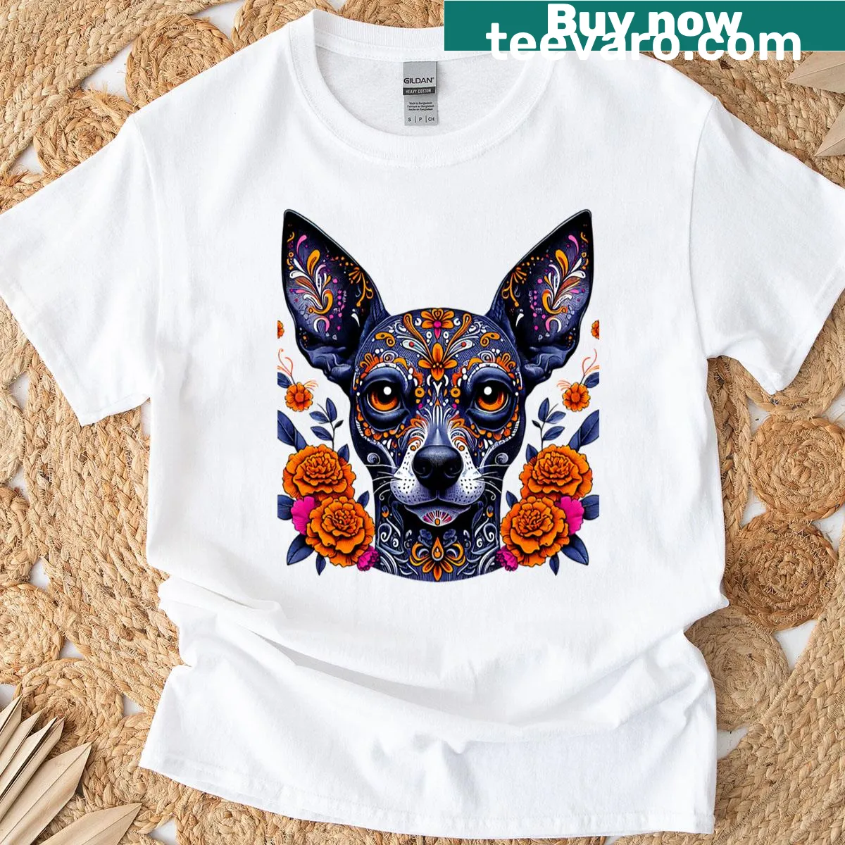Illustrative T-shirt featuring Xoloitzcuintli for Day of the Dead — on a men's t-shirt
