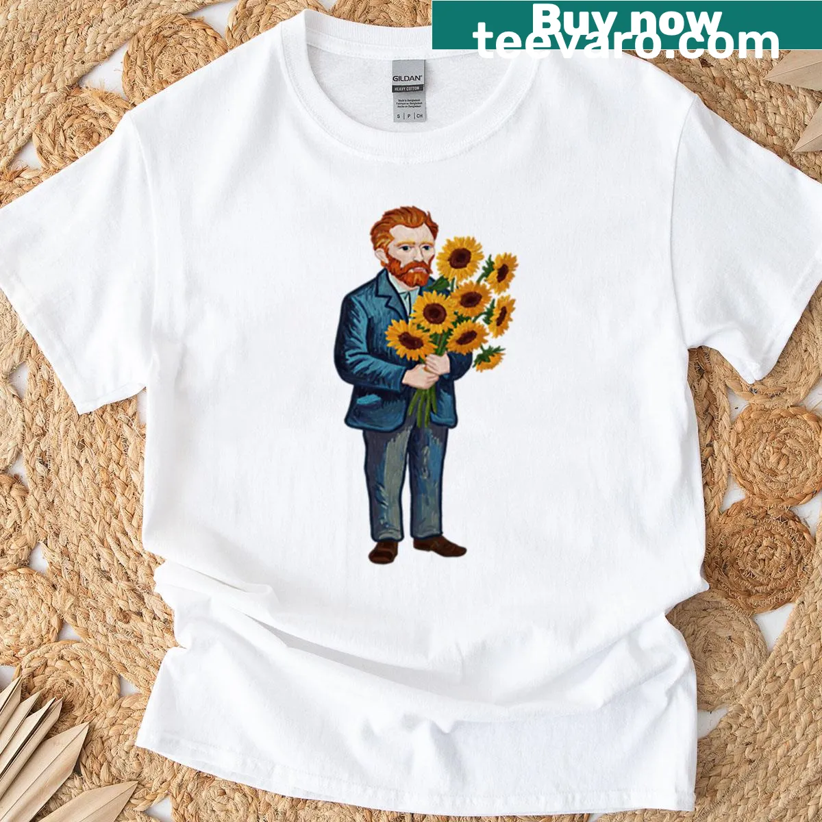 T-shirt featuring Vincent Van Gogh holding sunflowers — on a men's t-shirt