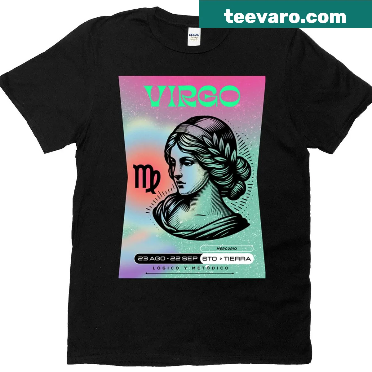 Illustrated Virgo zodiac symbol on a celestial background — on a men's t-shirt