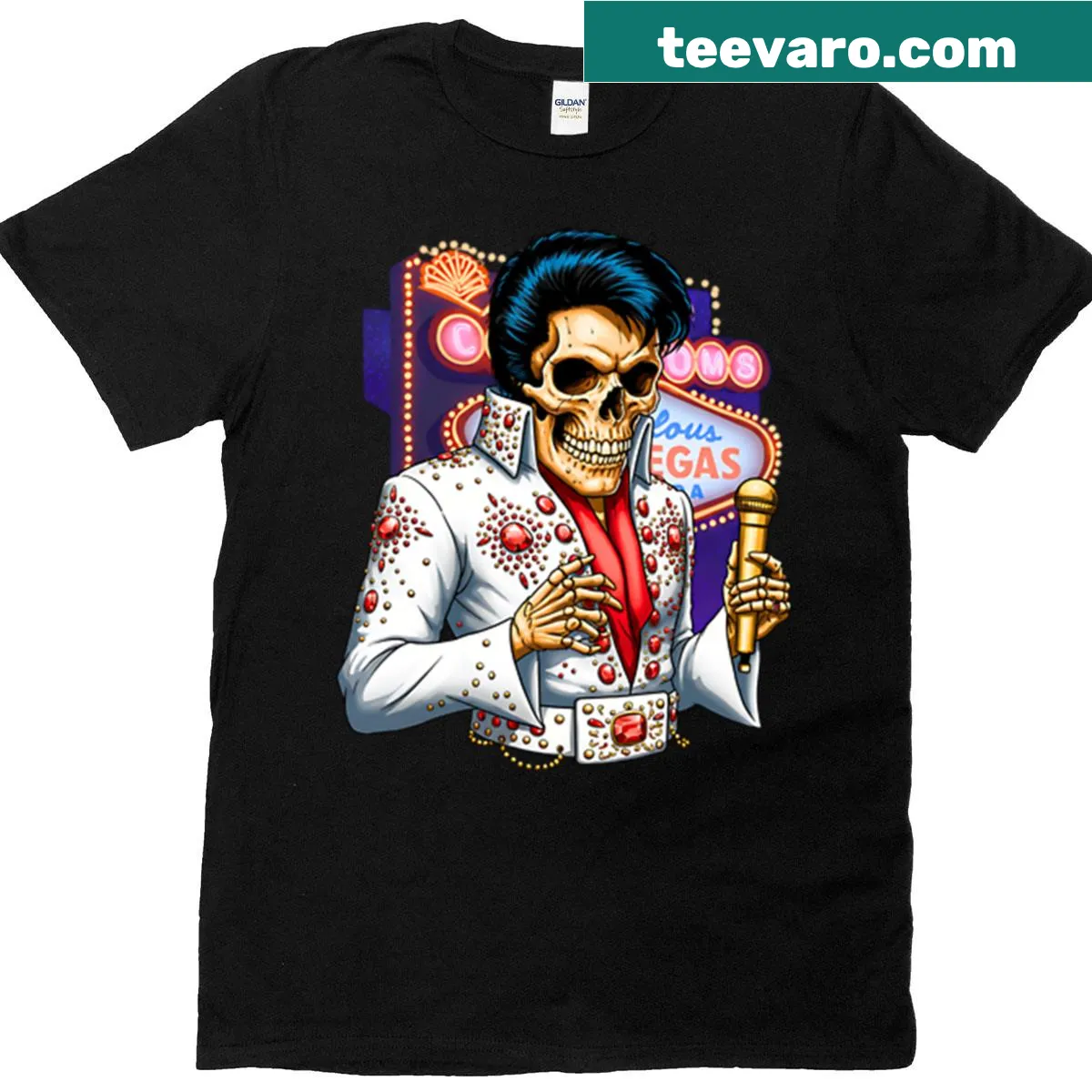 Skull design with Elvis Presley motifs for a music-inspired shirt — on a men's t-shirt