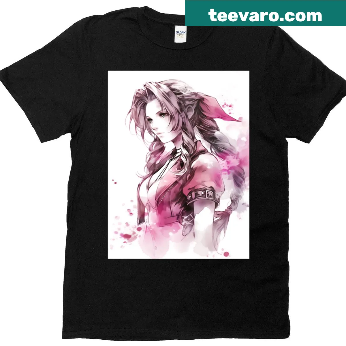 Watercolor T-shirt featuring Aerith from gaming culture — on a men's t-shirt