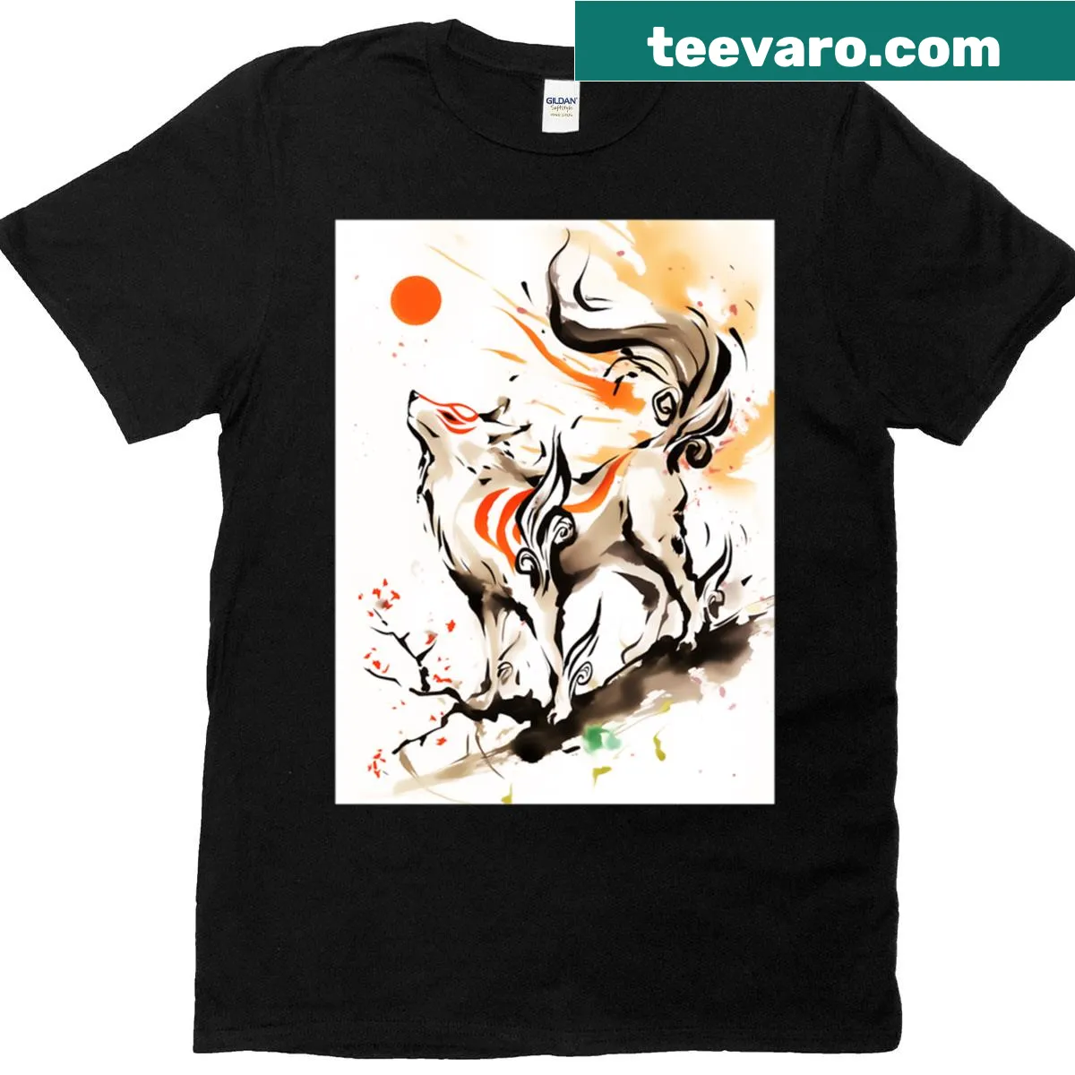 Watercolor illustration of Amaterasu goddess on t-shirt — on a men's t-shirt