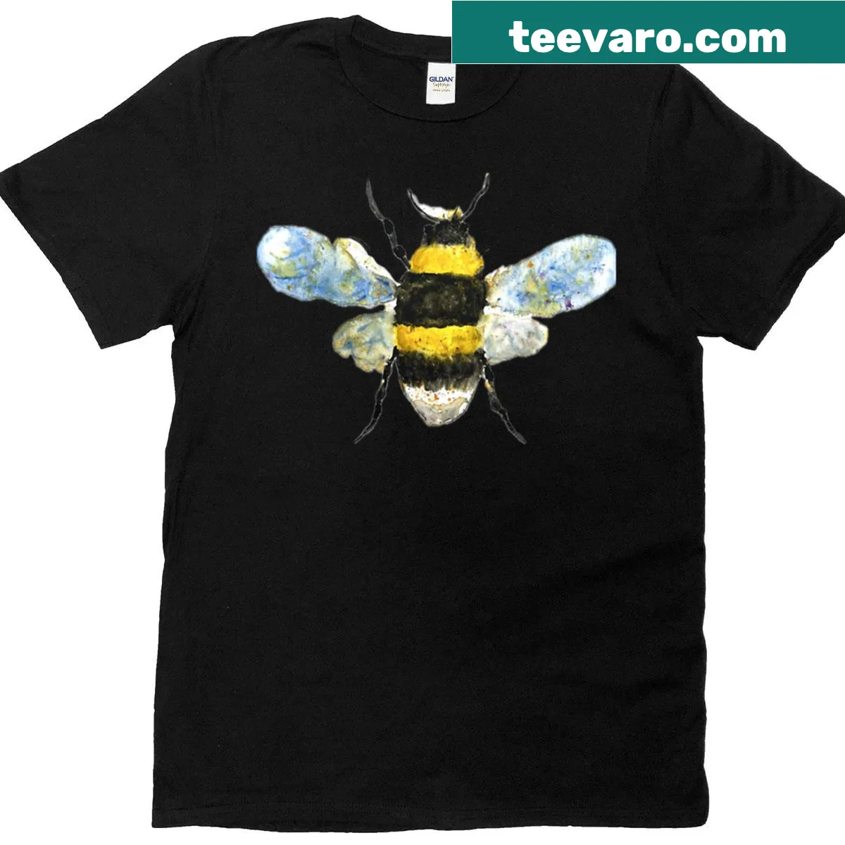 Watercolor bumblebee t-shirt with floral accents — on a men's t-shirt