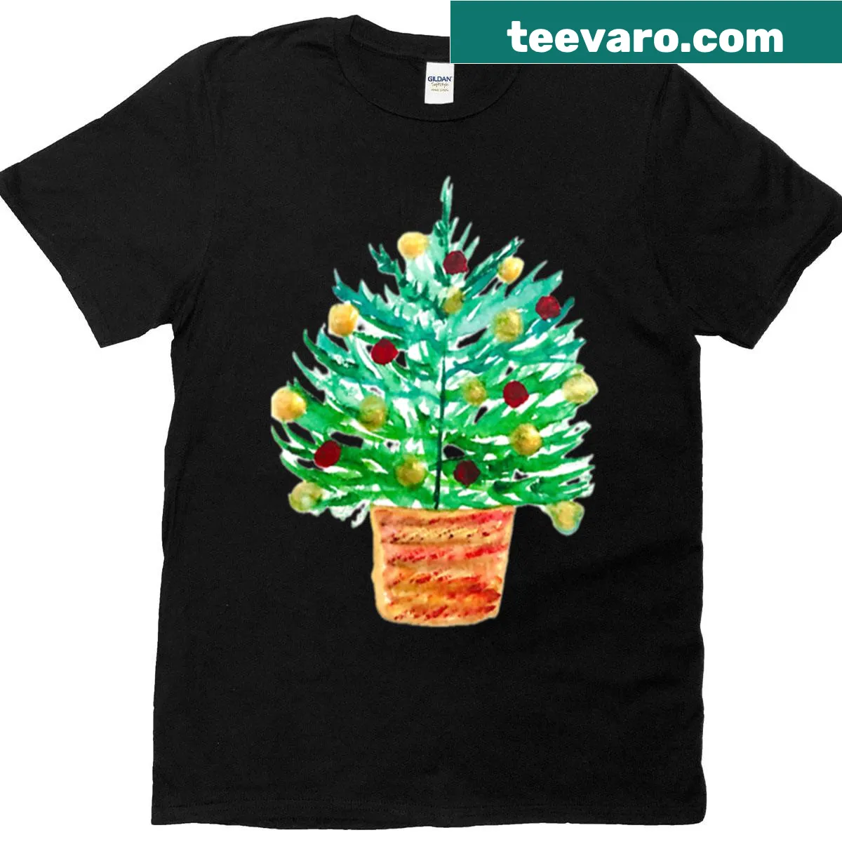Christmas T-shirt with watercolor tree and ornaments — on a men's t-shirt