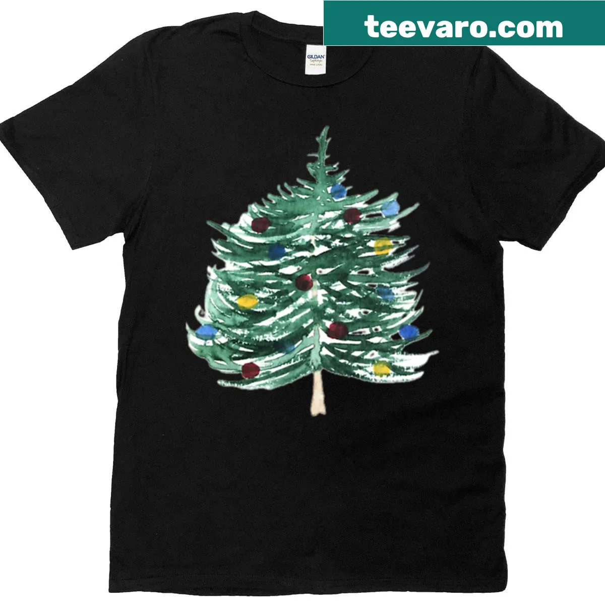 Watercolor Christmas tree design with baubles on T-shirt — on a men's t-shirt