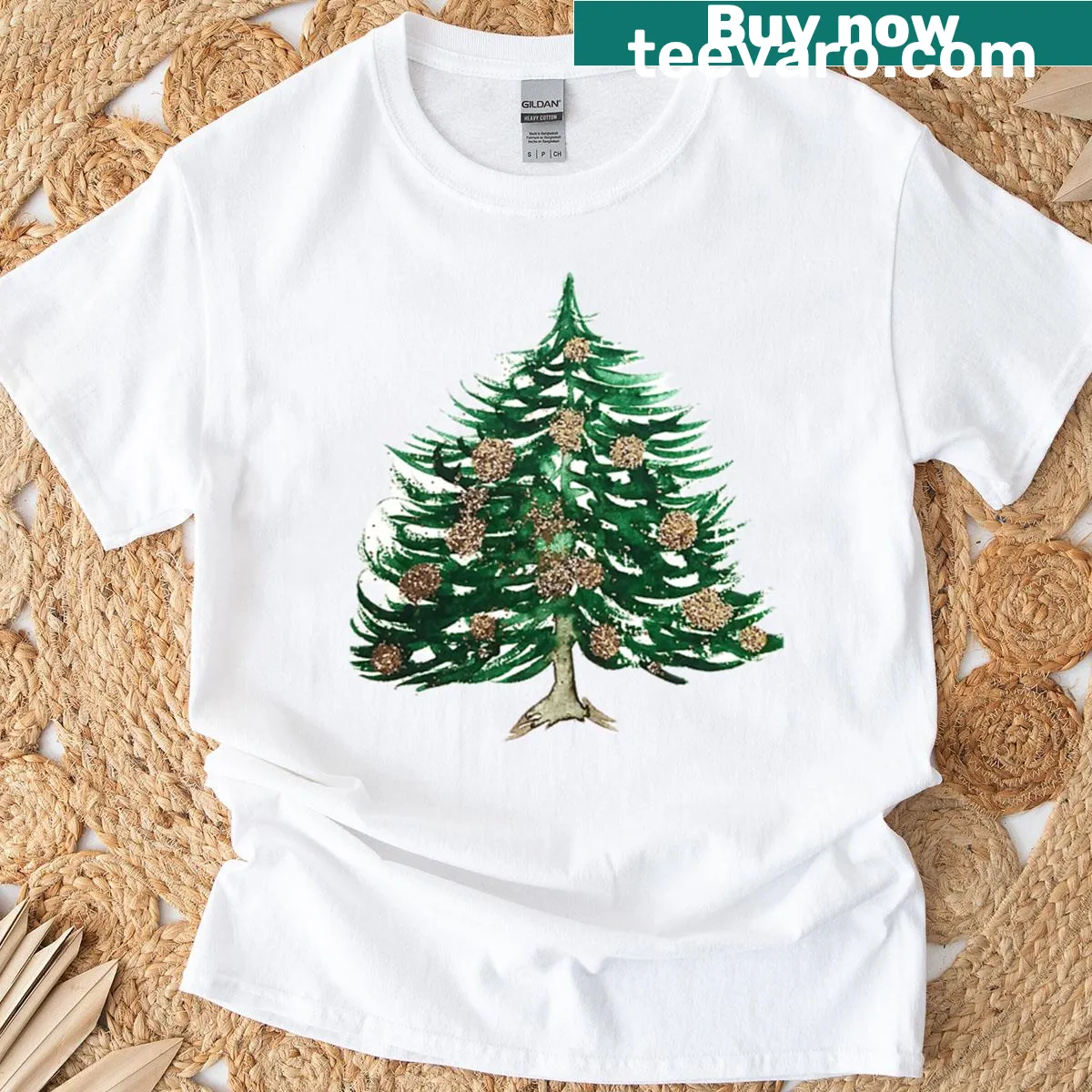 Watercolor Christmas tree with golden baubles design — on a men's t-shirt