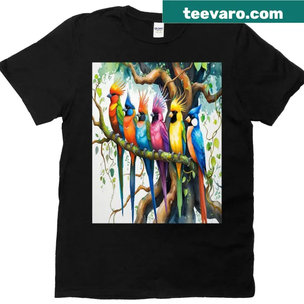 Watercolor T-shirt featuring exotic birds on a branch