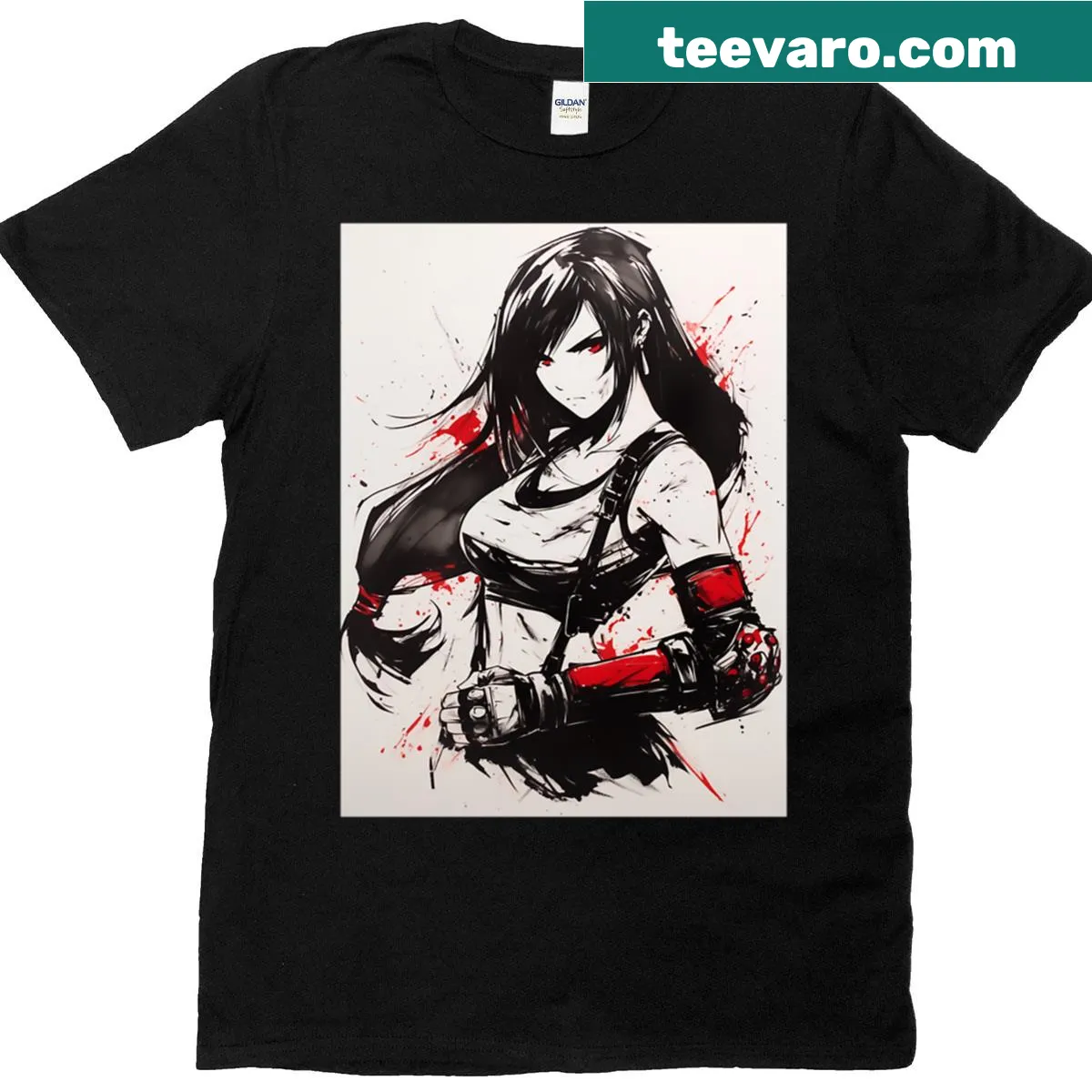 Watercolor illustration of Tifa from gaming on a T-shirt — on a men's t-shirt