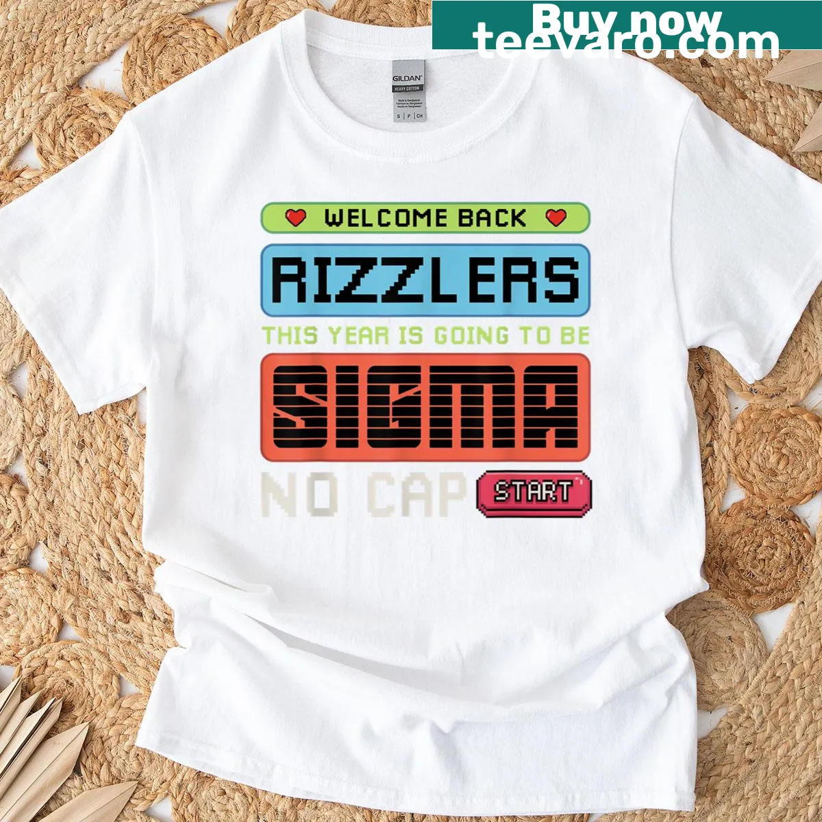 Funny teacher t-shirt with 'Welcome Back Rizzlers' graphic — on a men's t-shirt